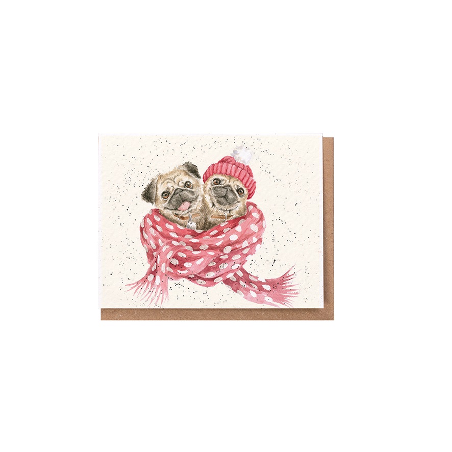 Wrendale Mini-Weihnachtskarte mit Umschlag, Motiv zwei Möpse "Snug as a Pug"