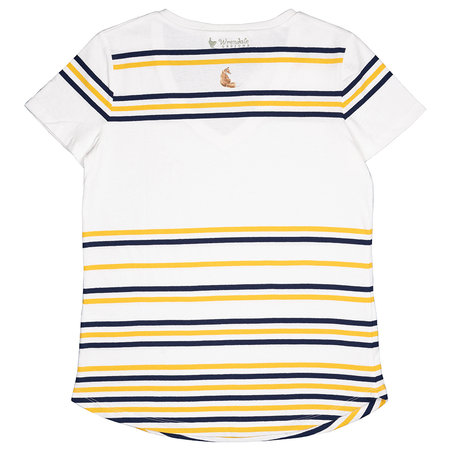 Wrendale T-Shirt, weiß mit Streifen in gelb und dunkelblau, Motiv Fuchswelpe, verschiedene Größen Medium