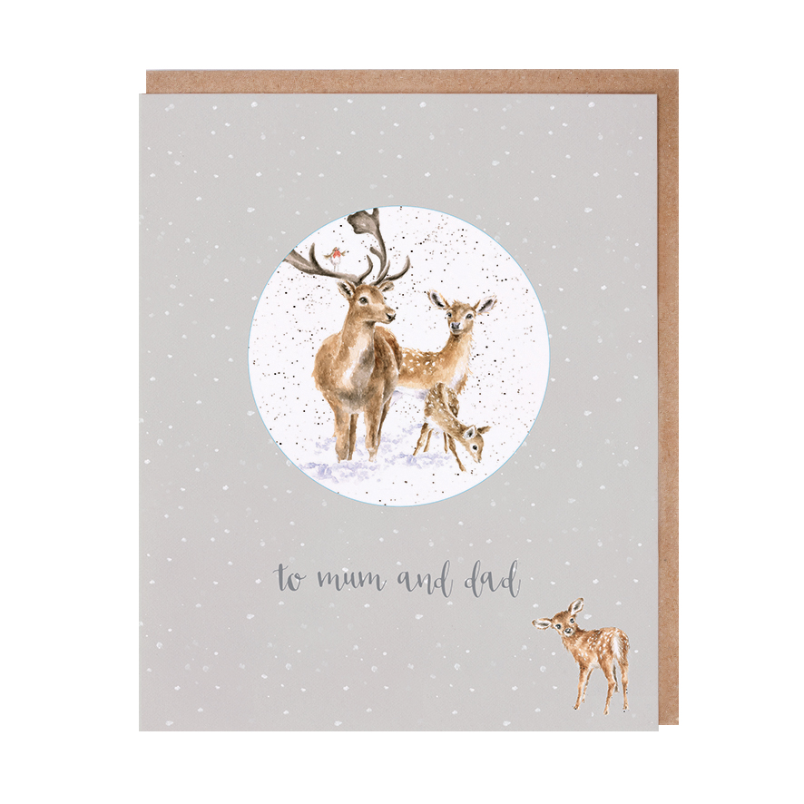 Wrendale Weihnachtskarte "to mum and dad", mit Weihnachtsanhänger Motiv Hirschfamilie