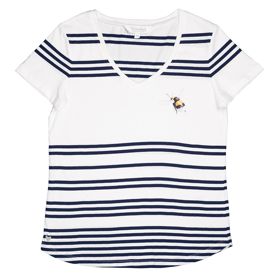 Wrendale T-Shirt, weiß mit Streifen in dunkelblau, Motiv Hummel, Extra Large