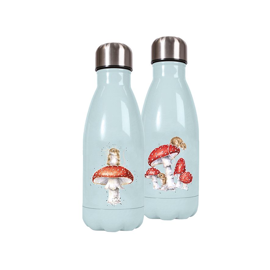 Wrendale kleine Trinkflasche in Geschenkverpackung, Motiv Maus sitzt auf Fliegenpilz, hellblau, 260ml