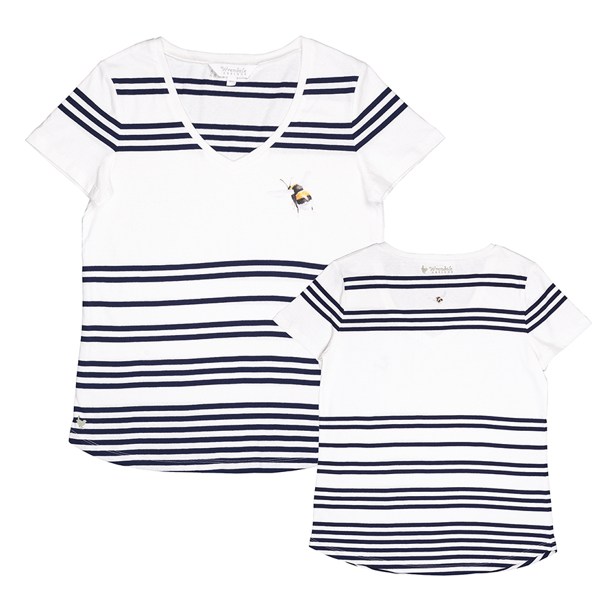 T-shirt Wrendale, wit met strepen in donkerblauw, hommelmotief, Large T-shirt Wrendale, wit met strepen in donkerblauw, hommelmotief, Large