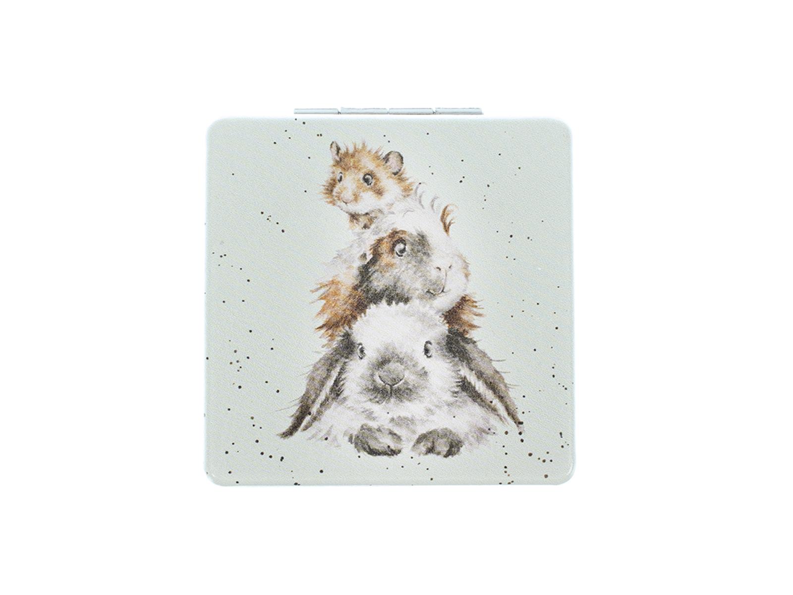 Wrendale Taschenspiegel zum klappen in Geschenkschachtel, Motiv Hase Meerschweinchen und Hamster, mintgrün,7x7cm