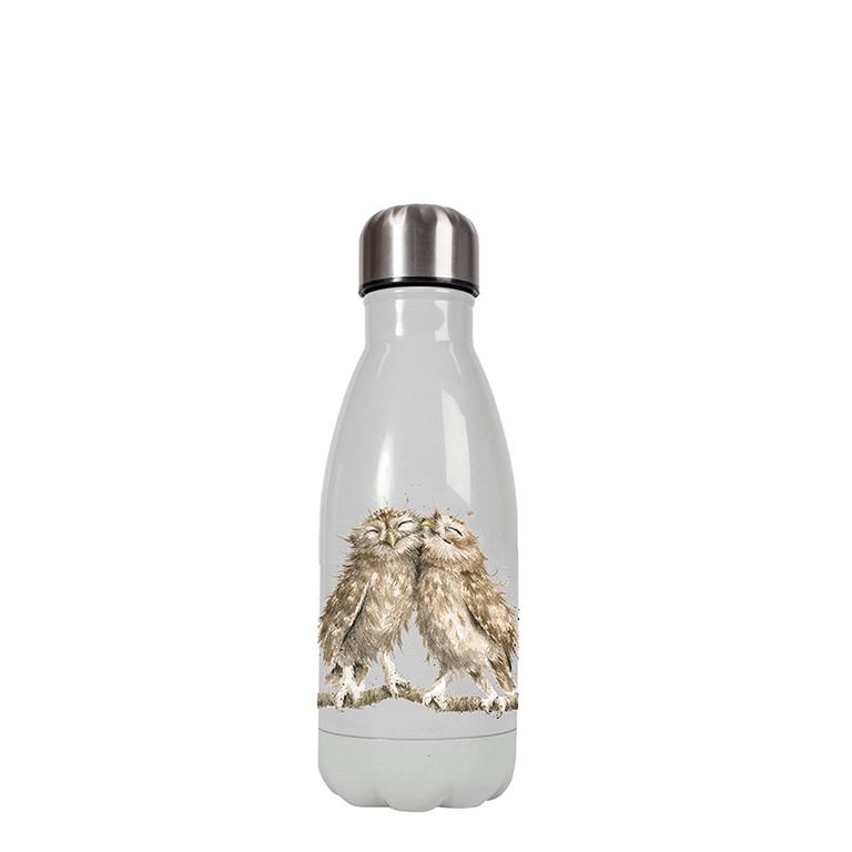 Wrendale kleine Trinkflasche in Geschenkverpackung, Motiv zwei Eulen kuscheln, grau, 260 ml