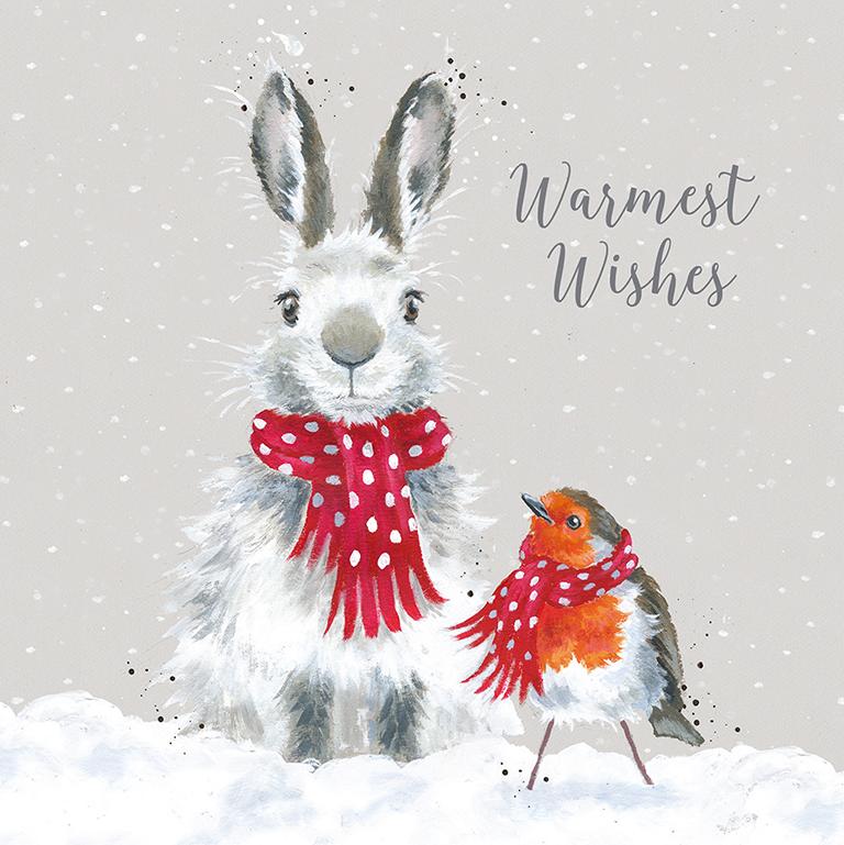 Wrendale kerstkaartenbakje Warmest Wishes, motief konijn en roodborstje, 8 kaarten met envelop en tekst, 15,5x15,5 cm Wrendale kerstkaartenbakje Warmest Wishes, motief konijn en roodborstje, 8 kaarten met envelop en tekst, 15,5x15,5 cm