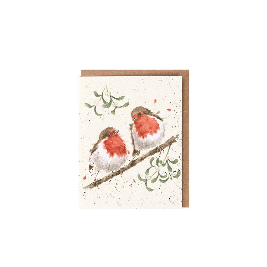 Wrendale Mini-Weihnachtskarte mit Umschlag, Motiv zwei Rotkehlchen "Mistletoe"