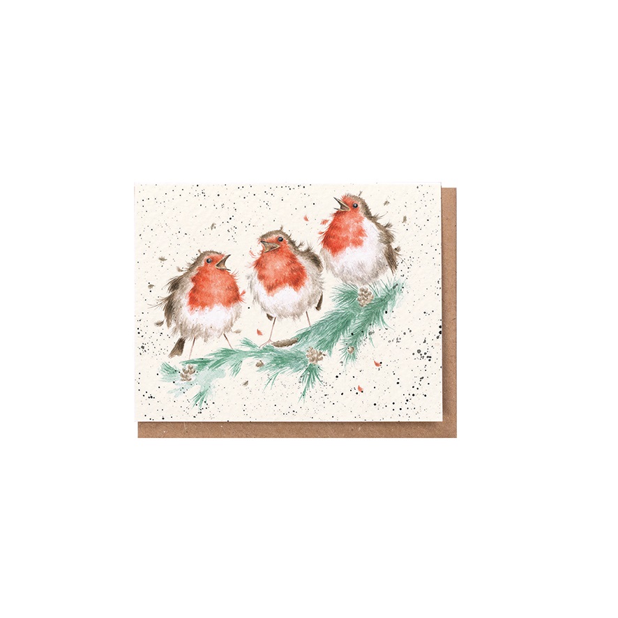 Wrendale Mini-Weihnachtskarte mit Umschlag, Motiv drei Rotkehlchen "Carol Singers"